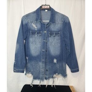 Women's Size 2XL Distressed Denim Blue Jean Shacket /Jacket Mid Length